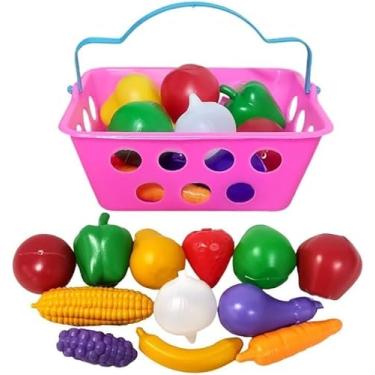Imagem de Cesta Cestinha de Frutas e Legumes, Brinquedo Educativo Infantil, 12 Peças Nas Cores Rosa ou Vermelho (Rosa)