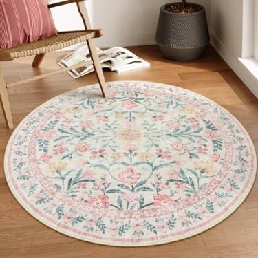 Imagem de Lahome Boho Tapete redondo rosa claro de 1,2 m, tapetes circulares pequenos laváveis para quarto, rosa e verde, tapete redondo antiderrapante macio para crianças, quarto de sol, blush
