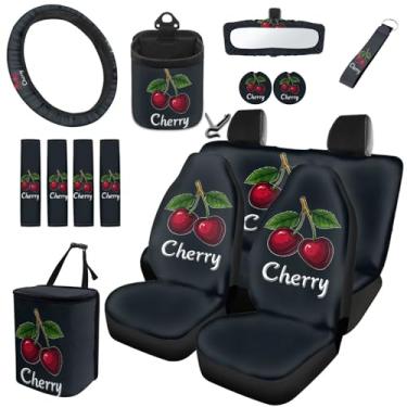 Imagem de HUISEFOR Capas de assento de carro Cherry 15 peças fáceis de instalar acessórios automotivos com capa de cinto de segurança, capa de volante, suporte de copo, chaveiro, presente de decoração de carro