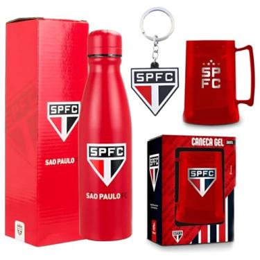 Imagem de Garrafa São Paulo Alumínio Térmica 500ml + Caneca Gel 300ml + Chaveiro Emborrachado SPFC Kit Torcedor São Paulo FC