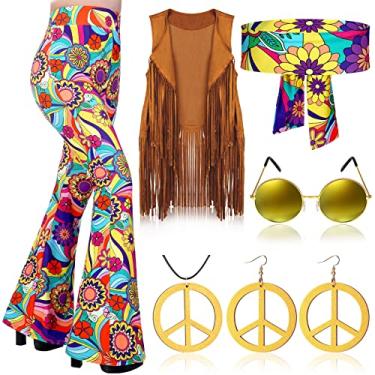 Imagem de Haull Conjunto de 7 peças de roupas femininas hippie discoteca dos anos 60, 70, conjunto de fantasia de Halloween, calça rodada, colete com franja, sinal de paz, Multicor, X-Large