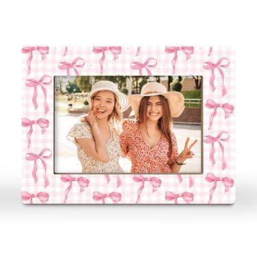 Imagem de CGBHW Porta-retrato xadrez com laço rosa, presente de laço para namorada, adolescentes, amigas e irmãs, casais, porta-retratos estéticos, 10 x 15 cm, horizontal para exibição de mesa