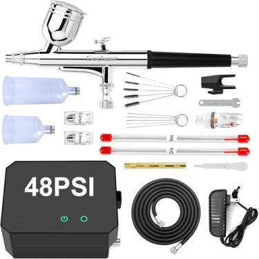 Imagem de Gocheer Kit de aerógrafo com compressor de ar, escova de ar de alta pressão de 40 PSI sem entupimento com conjuntos de bocal/limpeza de 0,2/0,3/0,5 mm, ideal para pintura, modelagem, decoração de