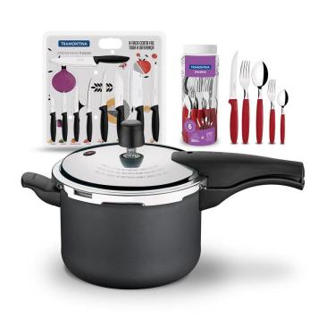 Imagem de Kit - Panela De Pressão 4,5 Grafite + 1 Faqueiro Vermelho 30pç + 1 Conjunto Facas 9pç - Tramontina