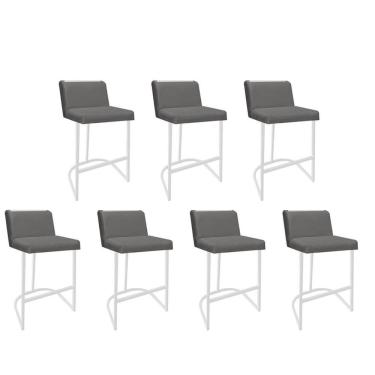 Imagem de Kit 07 Banquetas Com Encosto Confort Bistrô Cozinha Ferro Branco Suede Cinza Amey Decor