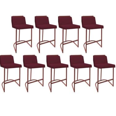 Imagem de Kit 09 Banquetas Com Encosto Confort Bistrô Cozinha Ferro Bronze Suede Bordô Amey Decor