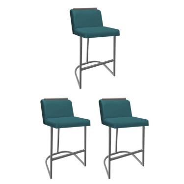 Imagem de Kit 03 Banquetas Com Encosto Confort Bistrô Cozinha Ferro Cinza Suede Azul Turquesa Amey Decor