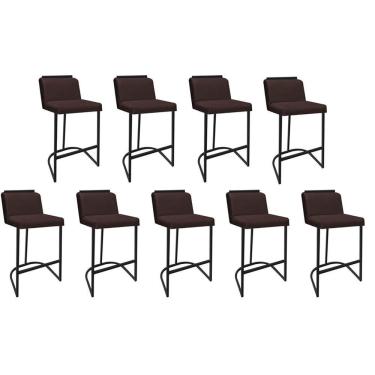 Imagem de Kit 09 Banquetas Com Encosto Confort Bistrô Cozinha Ferro Preto Suede Marrom Amey Decor