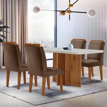 Imagem de Sala De Jantar Mesa Olimpia 120cm Mdf Canto Reto Com 4 Cadeiras Athenas Marrom, Off White E Imbuia