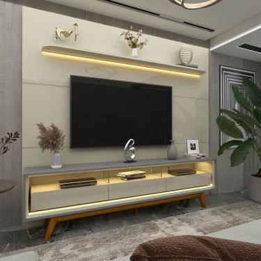 Imagem de Rack Com Painel Para Tv Até 85 Polegadas Led 3 Gavetas Com Pés Madeira 220cm Royal/requinte Off White/cinza-off White