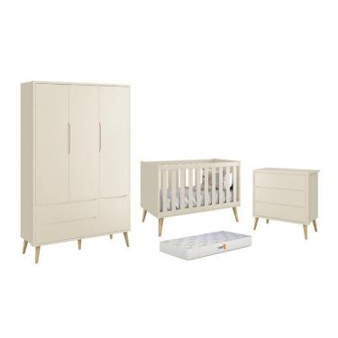 Imagem de Dormitório Theo 3 Portas, Cômoda 3 Gavetas Areia Fosco Com Pés Madeira Natural E Colchão D18 Reller Móveis Areia Fosco