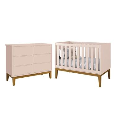Imagem de Jogo De Quarto Infantil Classic Cômoda 6 Gavetas E Berço Rosa Fosco Com Pés Amadeirado Reller Móveis Rosa Fosco