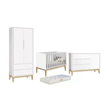 Imagem de Dormitório Classic 2 Portas Cômoda Com Porta Branco Com Pés Madeira Natural E Colchão D18 Reller Móveis Branco