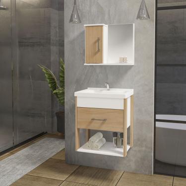 Imagem de Conjunto Gabinete Inferior E Superior Banheiro 1 Porta 1 Gaveta Rubi - Freijó Amadeirado - Bege