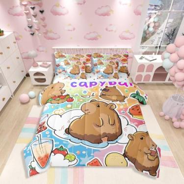 Imagem de Conjunto de edredom King com desenho de capivara, deliciosa sobremesa doce para crianças e adolescentes, morango (edredom + lençol de cima + 2 fronhas + 2 fronhas de travesseiro) 7 peças