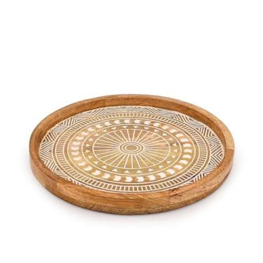 Imagem de Kaizen Casa Porta-castiçais, bandeja decorativa redonda de madeira de manga, para sala de estar, bandeja circular esculpida em madeira para decoração de centro de mesa (30,5 x 30,5 x 2,5 cm)