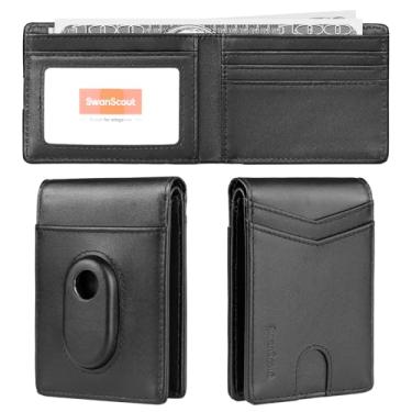 Imagem de Carteira para Samsung Galaxy SmartTag2, carteira dupla de couro legítimo com bloqueio de RFID com caixa de presente (não inclui rastreador), Preto, Versão de bolso para dinheiro