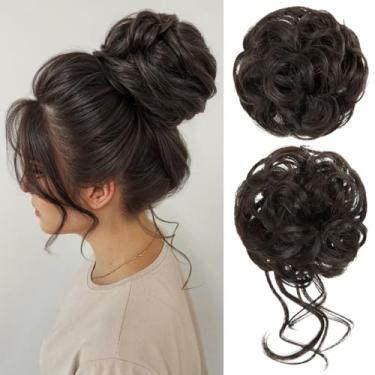 Imagem de CJL HAIR 2 Peças De Cabelo Bagunçado, Coque Sintético Ondulado, Cacheado, Coque, Elástico Falso, Rabo Cavalo, Extensão Para Mulheres, Marrom Escuro