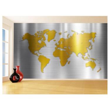 Imagem de Papel De Parede 3D Mapa Mundi Aço Escovado Ouro 3,5M Nmu63 - Você Deco