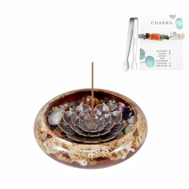 Imagem de MYMYYT Suporte de incenso – Queimador de incenso de cerâmica, suporte de incenso de lótus de cristal, queimador de incenso para cone, bobina, cones de sálvia, olíbano e palo santo