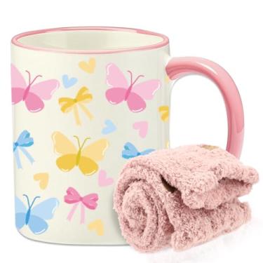 Imagem de Presentes para amantes de borboletas para mulheres, conjunto de canecas de café de cerâmica de borboletas estéticas com meias, ideias de conjunto de presente de borboleta para mãe, irmã, avó