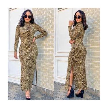 Imagem de Vestido longo canelado manga longa gola alta em elastano feminino - Fi