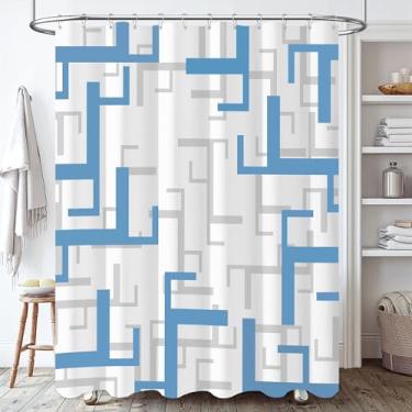 Imagem de BTTN Cortina de chuveiro de tecido Stall, conjunto de cortina de chuveiro de pano geométrico pequeno de 91 x 182 cm com 6 ganchos de plástico, cortinas de chuveiro estreitas decorativas modernas