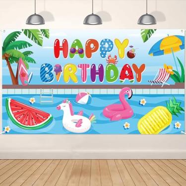 Imagem de Banner de fundo de festa na piscina feliz aniversário decorações de praia verão melancia tropical flamingo chá de bebê aniversário fotografia fundo quintal banner decoração cabine de fotos adereços