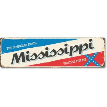 Imagem de SmartSign Placa de metal vintage do estado do Mississippi de 10 x 35,5 cm "O Estado da Magnólia", alumínio à prova de ferrugem de 40 mm com sobretudo transparente, decoração de parede retrô, multicolorido