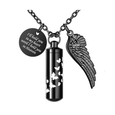 Imagem de Vjajaly Colar de urna cilíndrica para cinzas, borboleta, cremação, joia memorial, pingente de lembrança com asa de anjo, Aço inoxidável, Sem Pedra Preciosa
