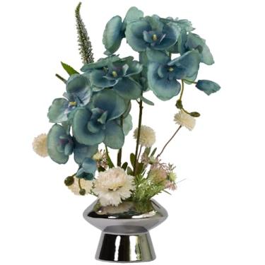Imagem de LESING Arranjo de flores de orquídeas em vaso, flor artificial de orquídea de seda falsa com vaso de cerâmica, flor de orquídea sintética, bonsai vívido Phalaenopsis para decoração de vasos (vaso de