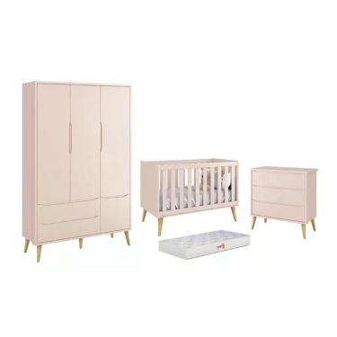 Imagem de Dormitório Theo 3 Portas, Cômoda 3 Gavetas com Pés Madeira Natural e Colchão D18 - Reller Móveis Rosa