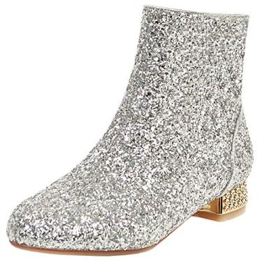 Imagem de MAVMAX Botas femininas de lantejoulas com bico fino e glitter, botins brilhantes, Bico redondo, prata, 9.5