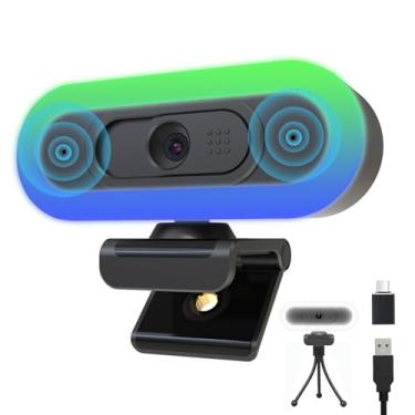 Imagem de Hrayzan Webcam 2K para PC, Webcam USB C Plug and Play com microfones duplos, anel de luz, preenchimento de luz RGB e capa, foco automático, 65°FOV, 1080p a 60FPS, câmera Web de PC para desktop, laptop