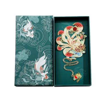 Imagem de Marcador de livro chinês "Clássico das montanhas e mares" das bestas divinas – Este marcador apresenta carpa koi, fênix, raposa de nove caudas, dragão e veado em cores vibrantes para boa sorte (caixa