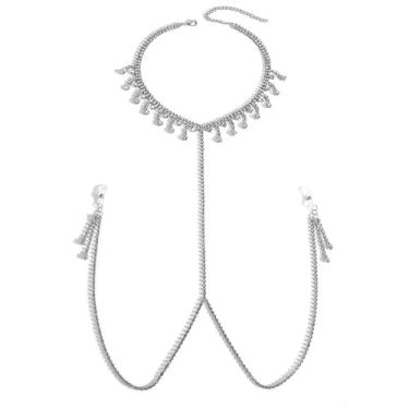 Imagem de Sutiã sexy com corrente de mamilo, strass, berloque, borla, gargantilha para mulheres, sem piercing ajustável, anel falso para mamilo, boate, biquíni, festival, festa rave, lingerie no peito, joias