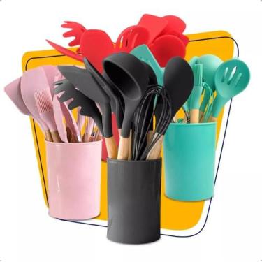 Imagem de 12 Utensílios de Cozinha Silicone e Cabo de Madeira Preto - 4YOU