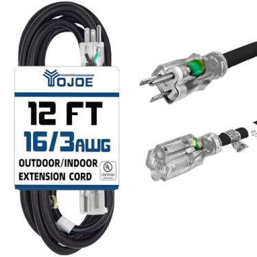 Imagem de YOJOE - Cabo de extensão preto iluminado externo de 3,6 m, SJTW 16/3 com plugue de terra de 3 pontos, cabo de extensão calibre 16 para jardim, gramado,