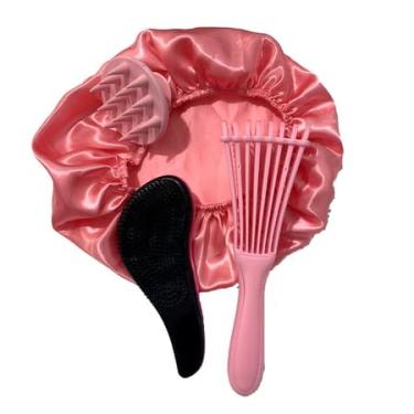 Imagem de Kit Escova Polvo 3 Peças, Escova Mágica com Massageador Capilar e Touca de Cetim, Cores Sortidas, para Cabelos Cacheados e Crespos (Rosa)