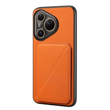 Imagem de HAOMRIYL Capa de couro para Huawei Pura 80 Ultra/80 Pro+/80 pro/80, capa de textura de grão lichia com suporte para cartão leve capa à prova de choque, laranja, 80 Ultra