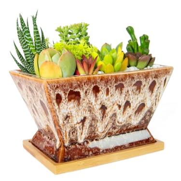 Imagem de ARTKETTY Vasos de suculentas – Vaso grande de 17 cm com bandeja de drenagem, vasos de cerâmica rasos para plantas internas e externas, recipiente decorativo para plantas de bonsai de cacto moderno