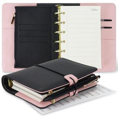 Imagem de Caderno A7 fichário recarregável, capa de couro para notebook, pastas soltas, fichário para carteira com divisórias, papel de recarga, adesivos (preto e rosa)