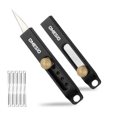 Imagem de Omesio 2PCS Mini Cortador de Caixa de Bolso Chaveiro, Pequena Faca Dobrável com 10 Lâminas Extra para Homens, EDC Retrátil Pacote Abridor de Cartas Cortador Ferramenta Pequeno Cortador de Caixa (Preto)
