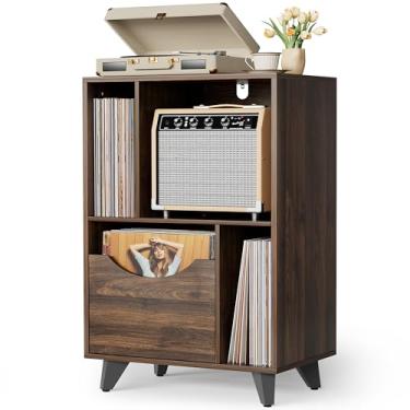Imagem de Bikoney Suporte para toca-discos com gaveta de armazenamento de vinil – mesa lateral de madeira para toca-discos e alto-falantes, grande armário de armazenamento LP para sala de estar, quarto ou