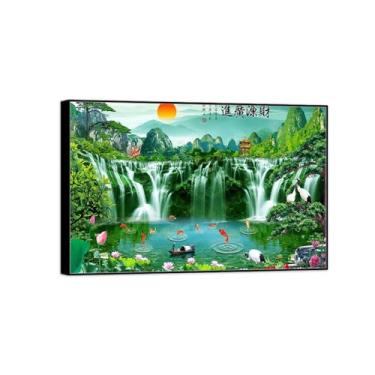 Imagem de BMZFYBS Impressão em tela de paisagem - Montanha cachoeira lótus koi-natureza arte de parede imagem chinoiserie - pôster de decoração de moldura preta 60 x 90 cm 24 x 35 pol