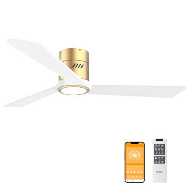 Imagem de DAMINY Ventilador de teto branco e dourado de madeira maciça natural de 132 cm com luz, 3 lâminas, 6CCT, ventilador de teto de baixo perfil com luz e controle remoto, controle de aplicativo, montagem