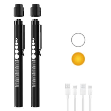 Imagem de SEVENKA 2 canetas recarregáveis com medidor e régua de pupila, lanternas de LED para enfermeiros médicos, recarregável com USB-C, luz quente/branca, clipe de bolso, lanternas para estudantes de