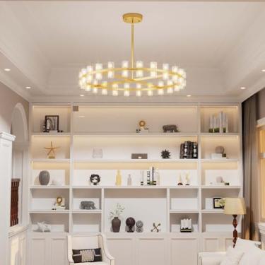 Imagem de Shial Lighting D32 Lustres de roda de vagão dourado moderno 32 luzes lustres redondos de vidro para sala de jantar, lustre vintage de sala de estar