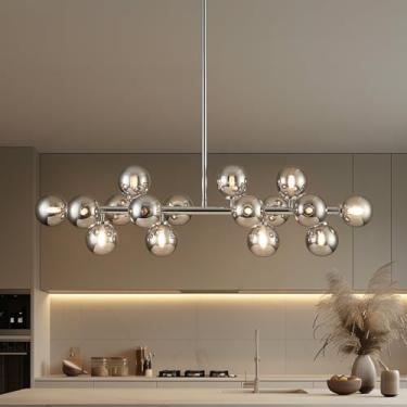 Imagem de PiWWPi Lustre Sputnik Globo de Vidro, Luminária Moderna de Meados do Século 16 Luzes sobre Mesa, Lustres Lineares para Sala de Jantar, Ilha de Cozinha, Cromado e Bolha Cinza Fumê, 101 cm, GC-02