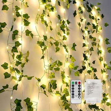 Imagem de YJFWAL Luzes de fada de videira de 10 metros com controle remoto de 8 modos de LED, guirlanda de folhas de hera de vegetação artificial, videiras falsas operadas por bateria para quarto, casa, jardim